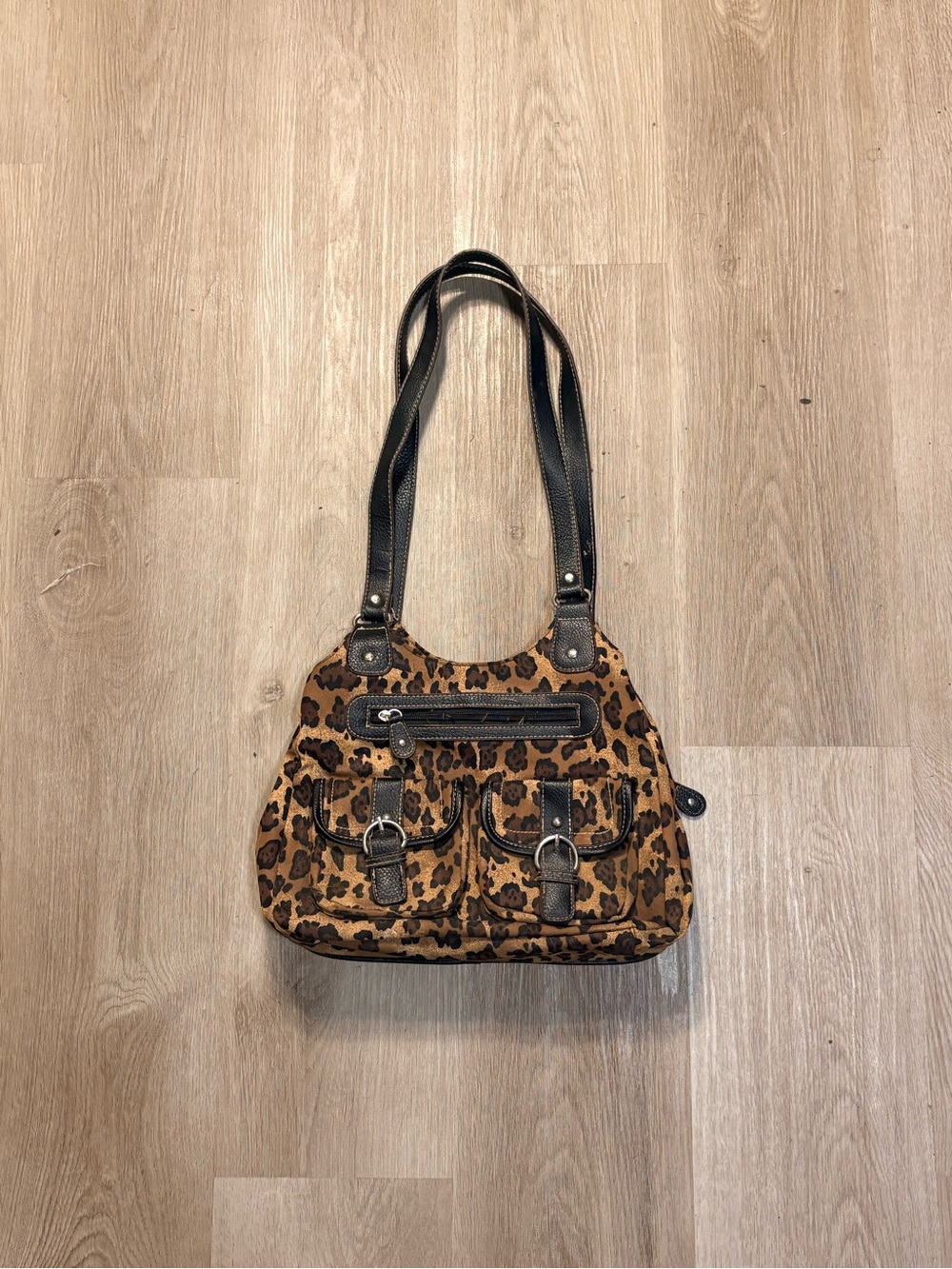 Leopard Print Shoulder Bag w/ Buckles Goth Grunge McBling Y2K Silver Hardware